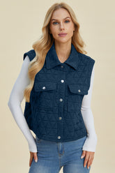 Double Take Full Size Pocketed Texture Snap Down Vest Coat Peacock Blue OutfitFlow